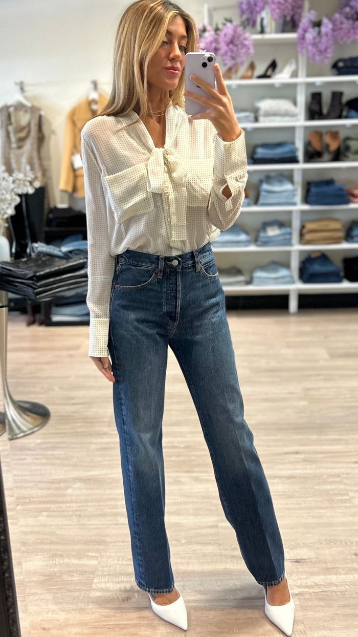 Frame The Polka Dot Modern Tie Blouse in Ecru Multi