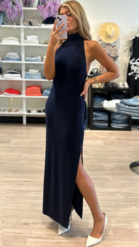 Norma Kamali Halter Turtle Side Slit Gown in True Navy