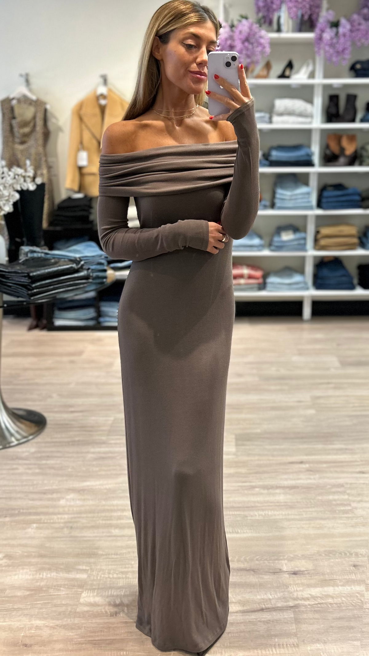 Enza Costa Silk Rib Off the Shoulder Fluid Maxi Dress in Mushroom