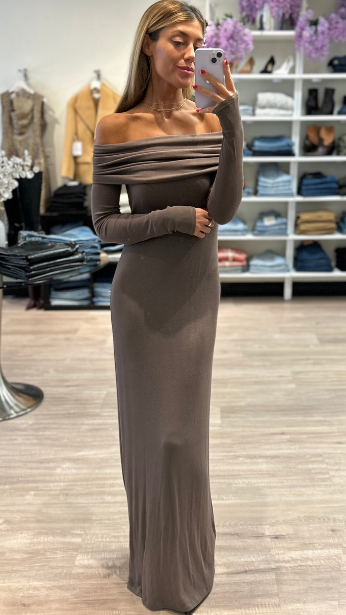 Enza Costa Silk Rib Off the Shoulder Fluid Maxi Dress in Mushroom