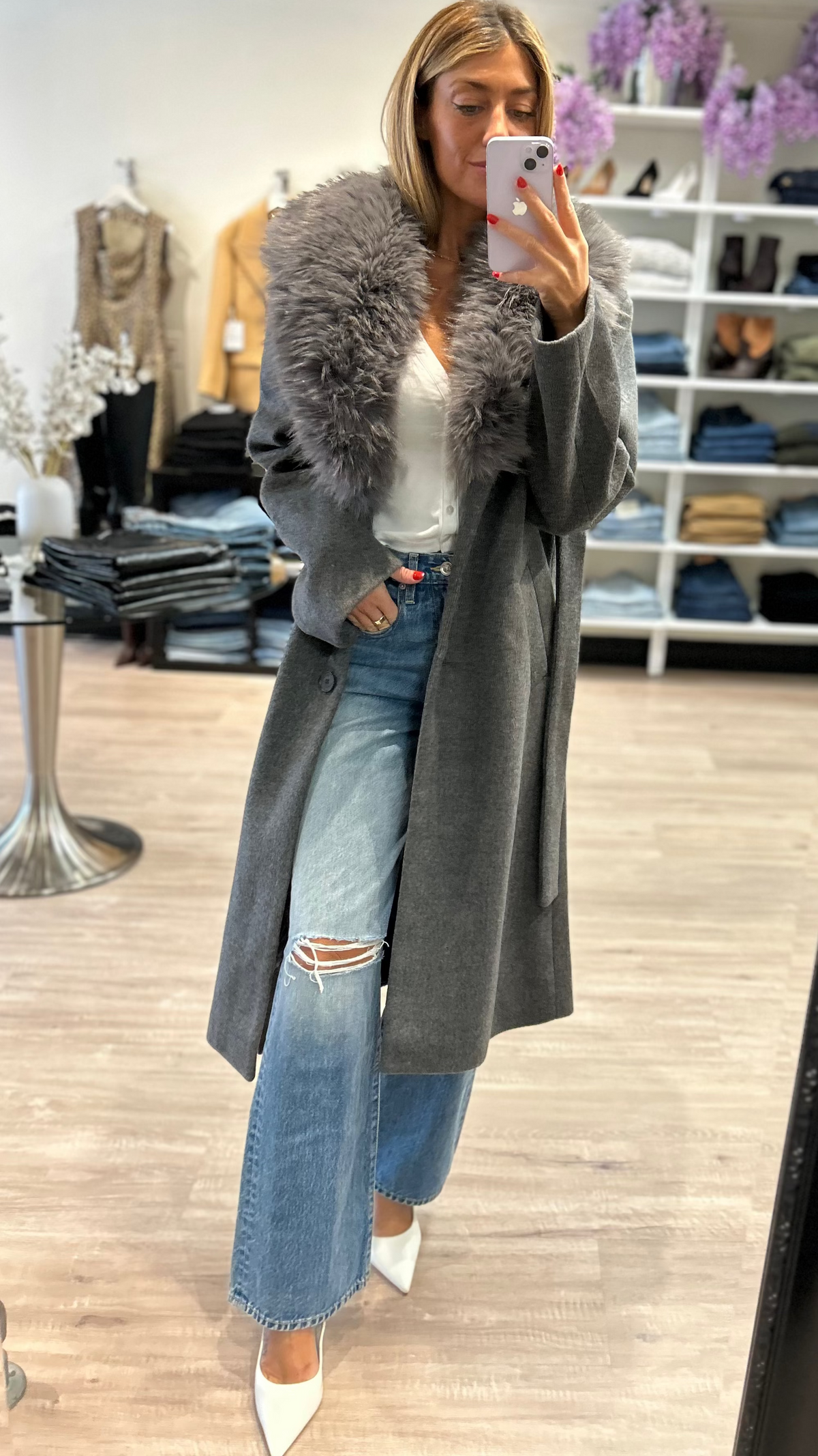 Lamarque Tillie Brushed Wool Belted Coat with Faux Fur Trim in Heather Dark Grey