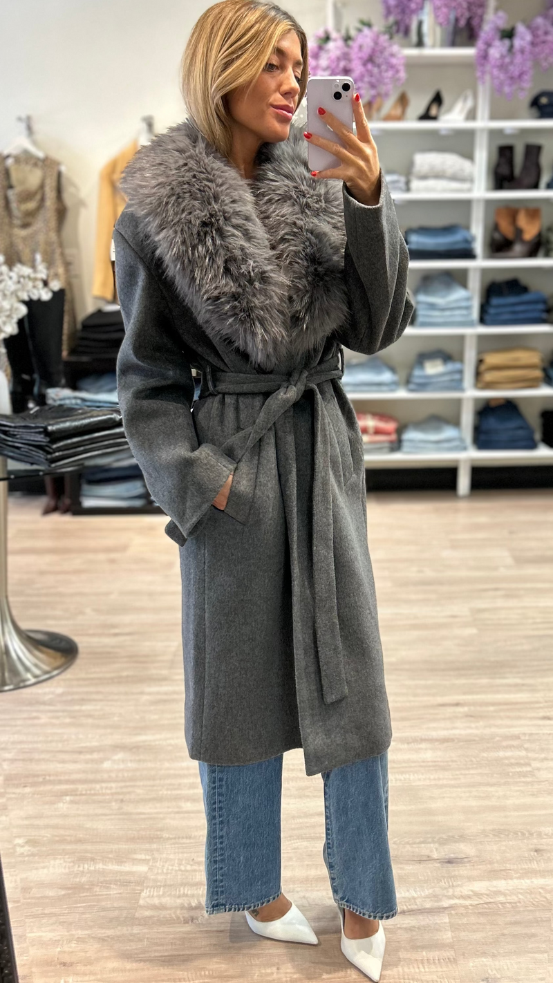 Lamarque Tillie Brushed Wool Belted Coat with Faux Fur Trim in Heather Dark Grey