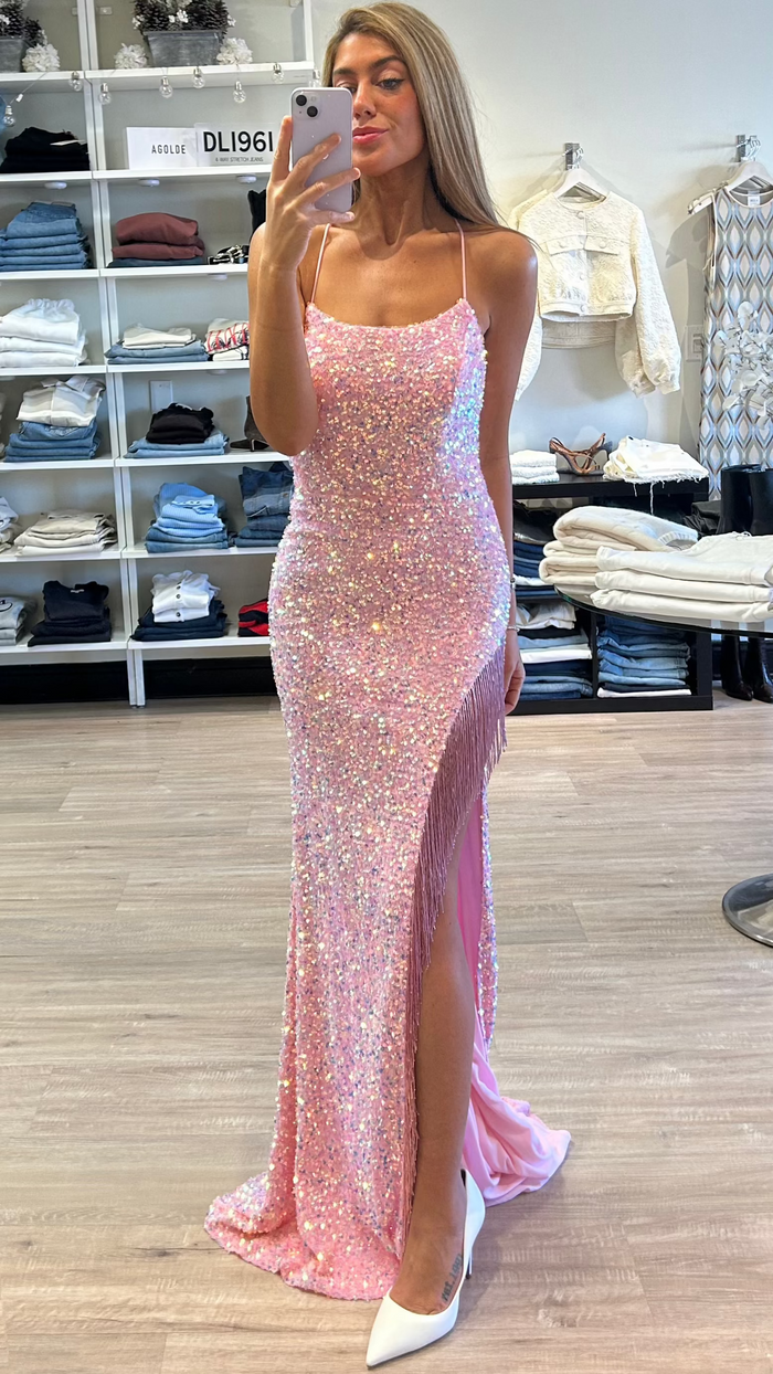 Sequin Gown with Fringe Slit in Pink