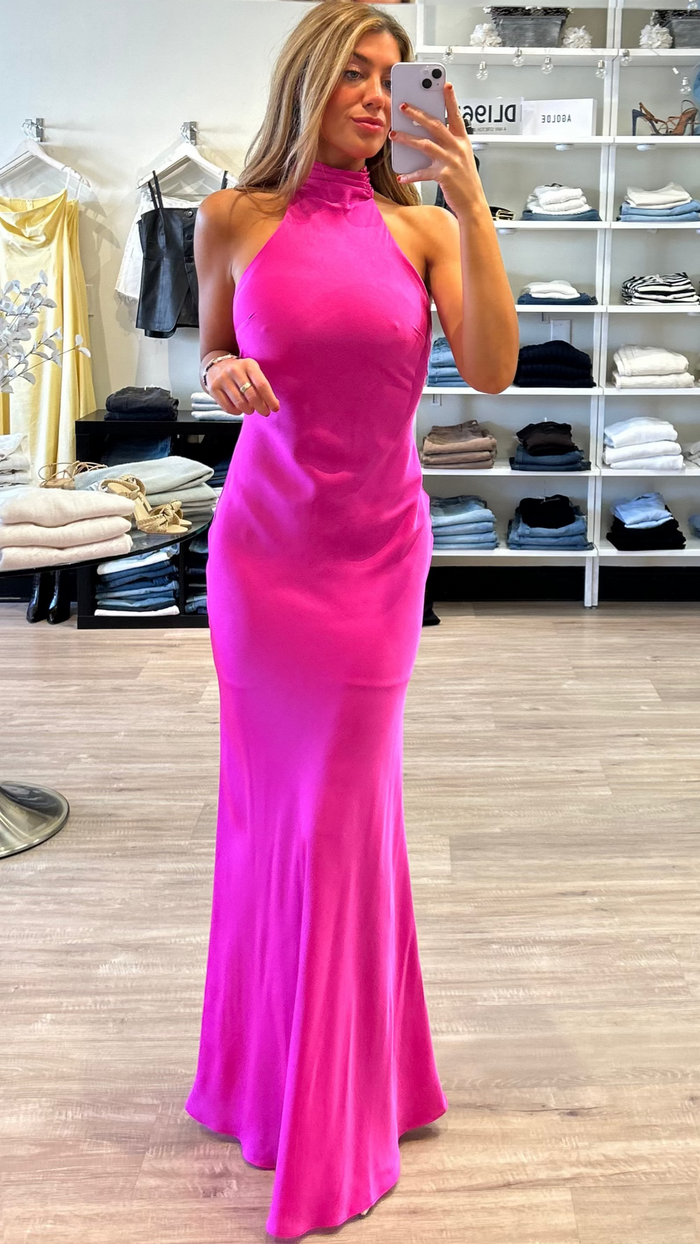 Misha The Evianna Satin Bow Gown in Hot Pink