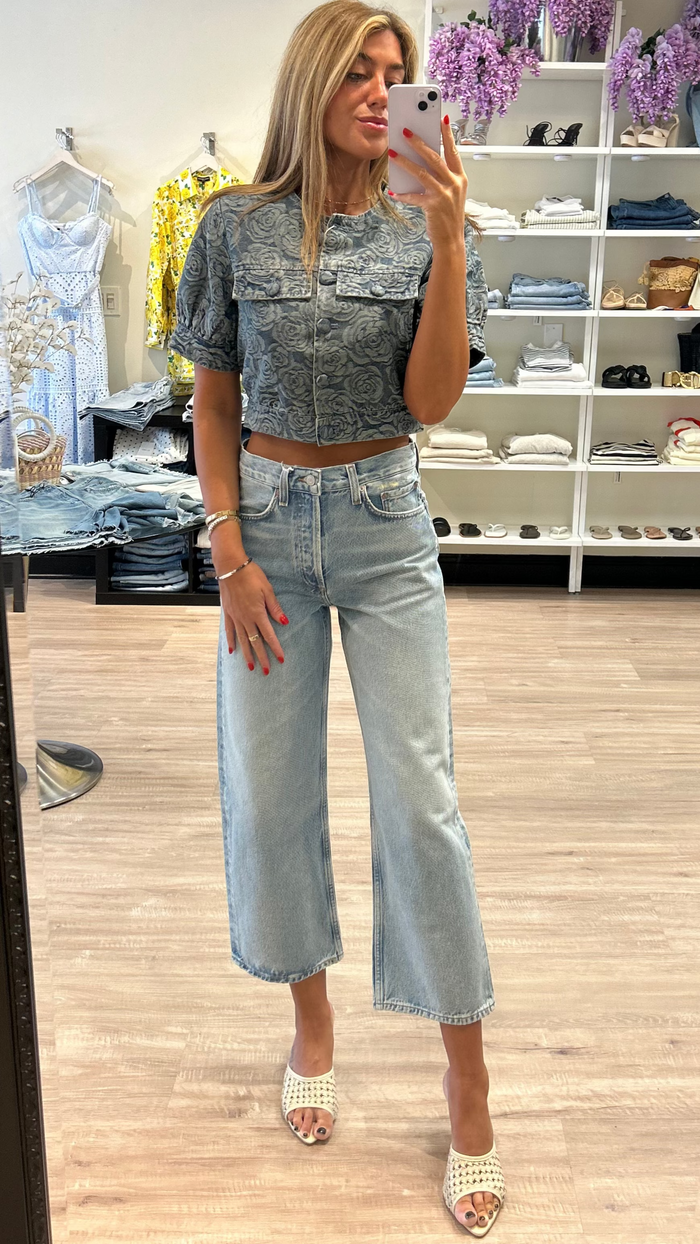 Amanda Uprichard Bello Short Sleeve Textured Denim Jacket in Vintage Wash