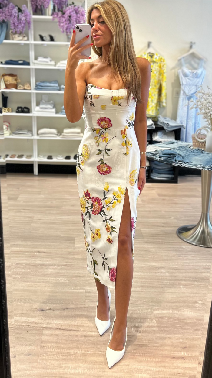 Amanda Uprichard Ivy Strapless Midi Dress in White Multi
