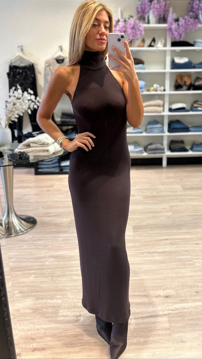Enza Costa Knit Halter Turtleneck Fluid Dress in Bitter Brown