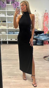 Norma Kamali Halter Turtle Side Slit Gown in Black
