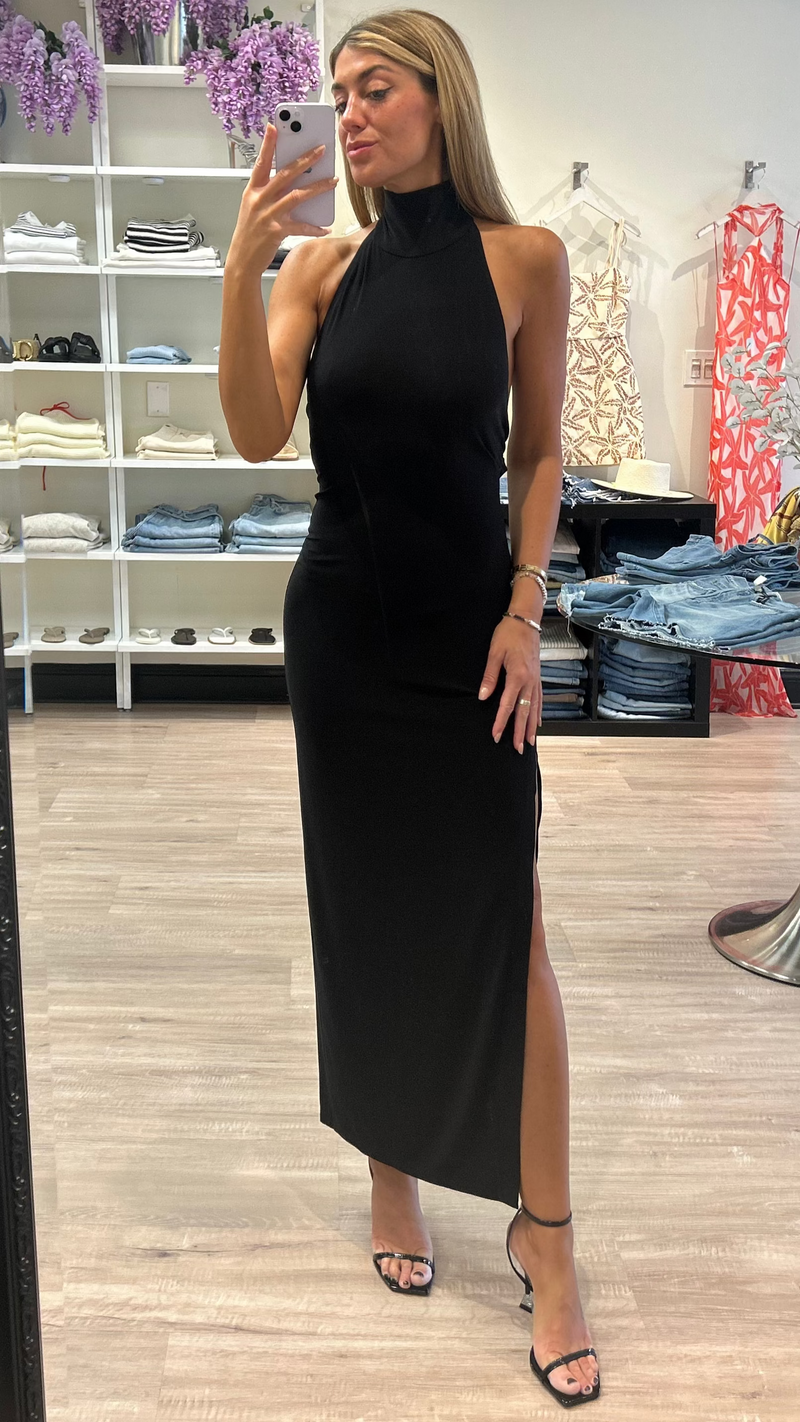 Norma Kamali Halter Turtle Side Slit Gown in Black