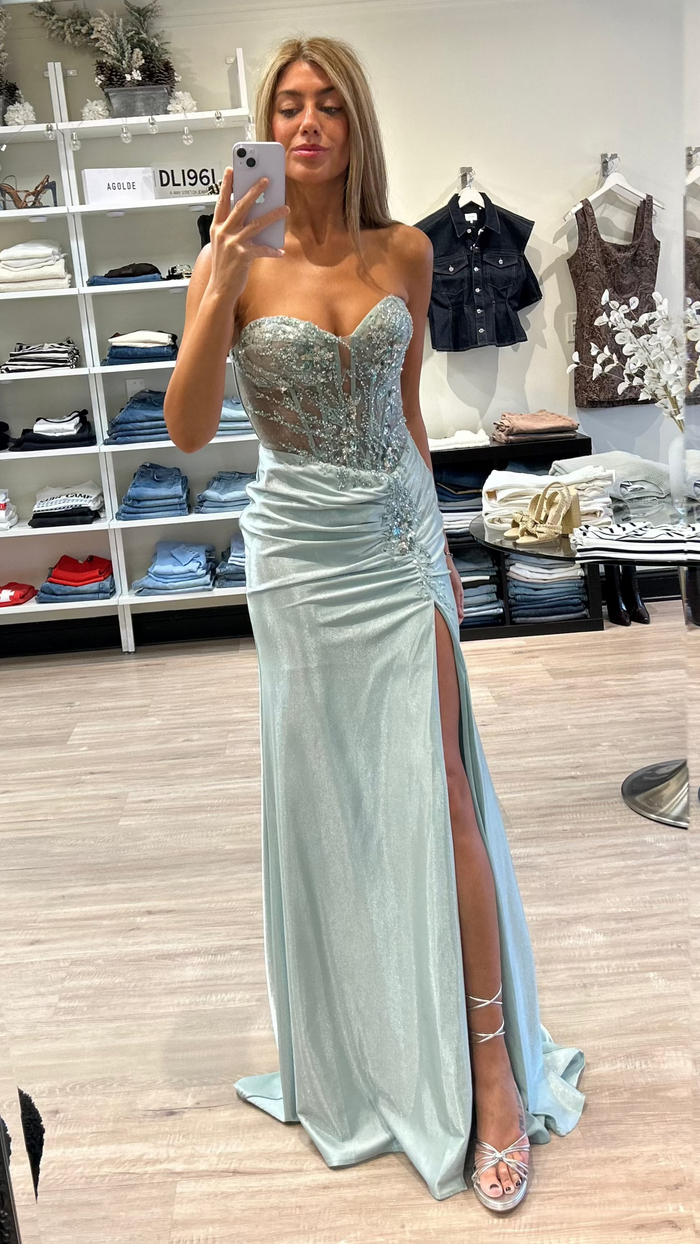 Strapless Beaded Corset Gown in Seafoam