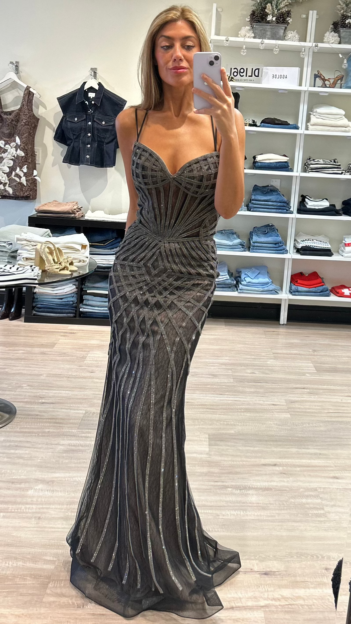 Beaded Lace Up Back Gown in Black