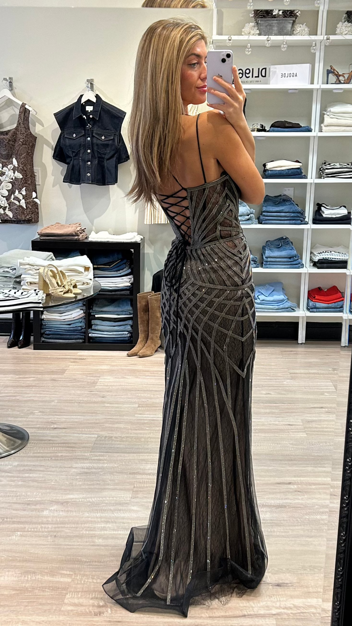Beaded Lace Up Back Gown in Black