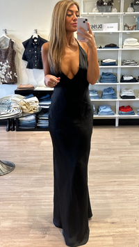 Misha The Honor Satin Halter Bow Gown in Black