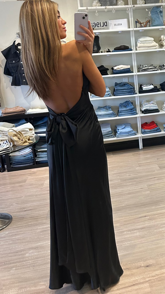 Misha The Honor Satin Halter Bow Gown in Black