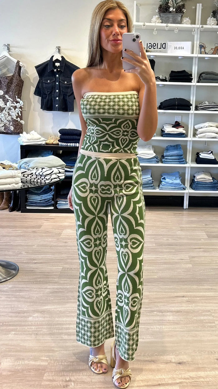 Misa Nessa Knit Bandeau Top in Green Mosaic Tile Print