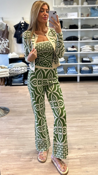 Misa Pansy Knit Cardigan in Green Mosaic Tile Print