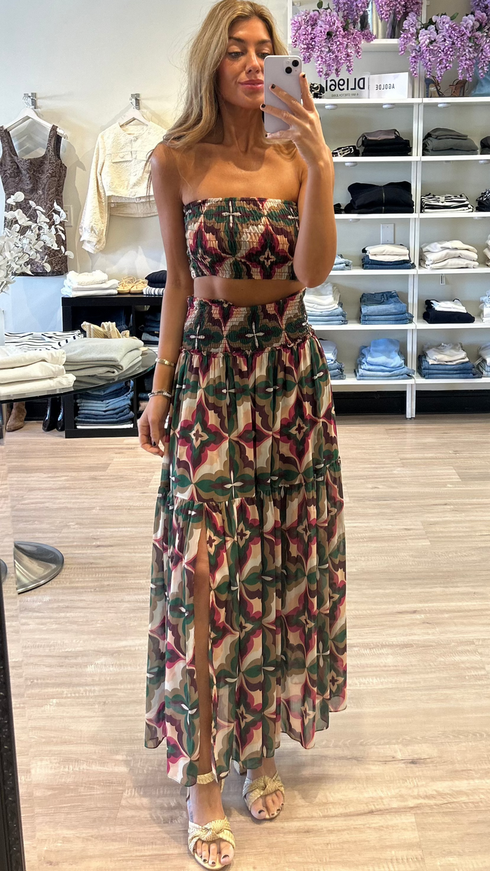 Misa Roksana Smocked Crop Top in Prismatic Fuchsia Tile
