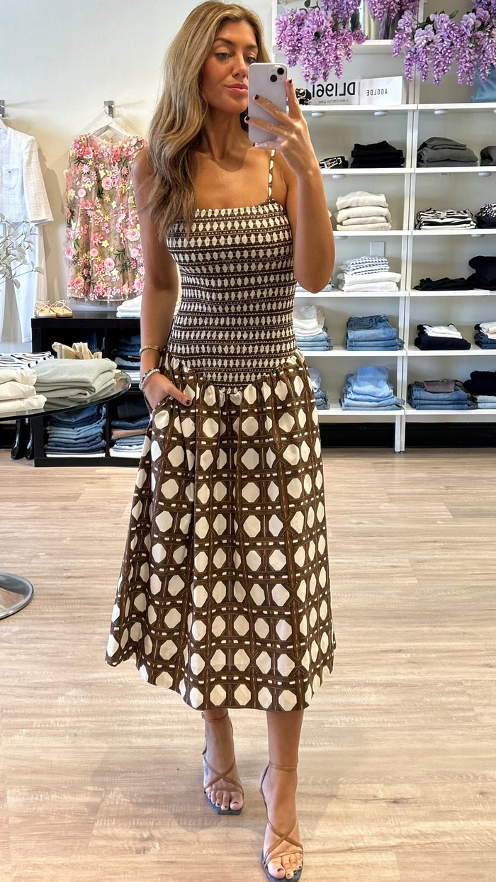 Misa Roxi Smocked Drop Waist Midi Dress in Chocolate Rattan Poplin Mix
