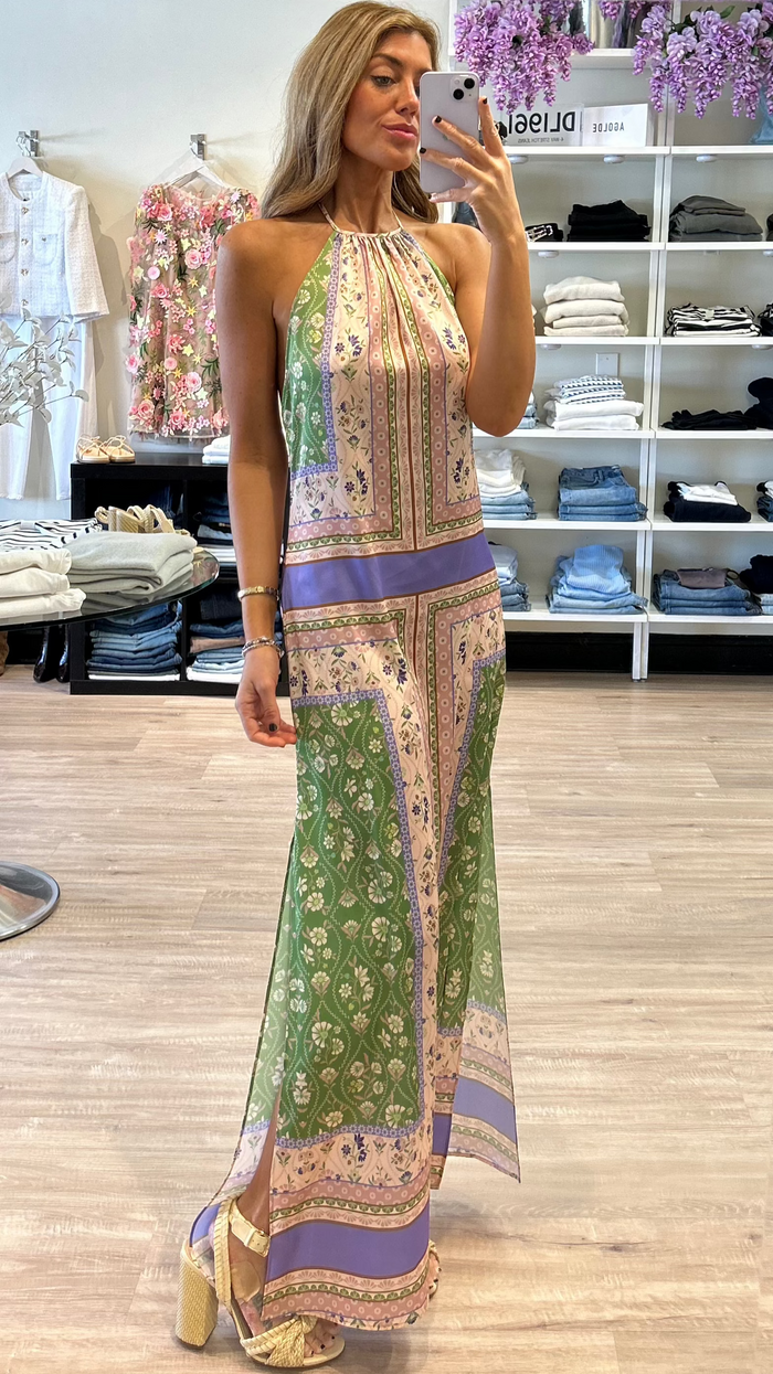 Misa Samantha Silky Halter Maxi in Matcha