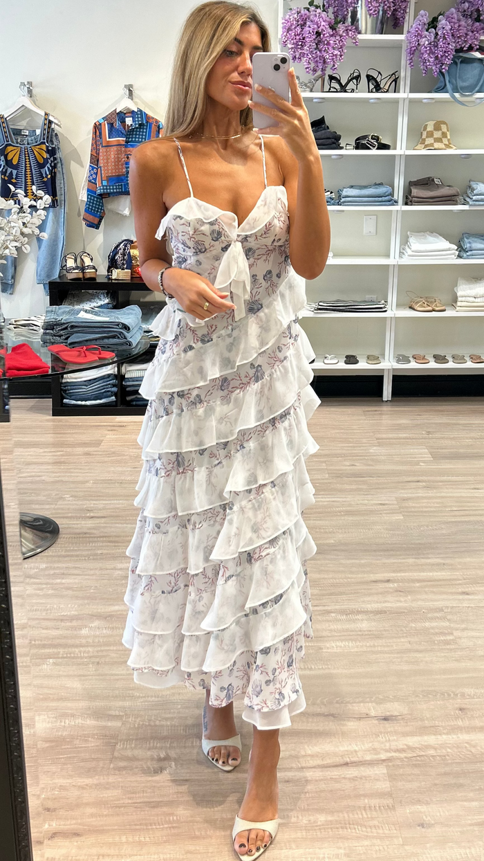 For Love & Lemons Debby Ruffled Maxi Dress in White