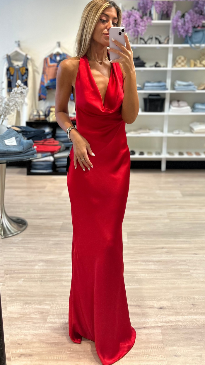 Norma Kamali Halter Drape Bias Gown in Tiger Red