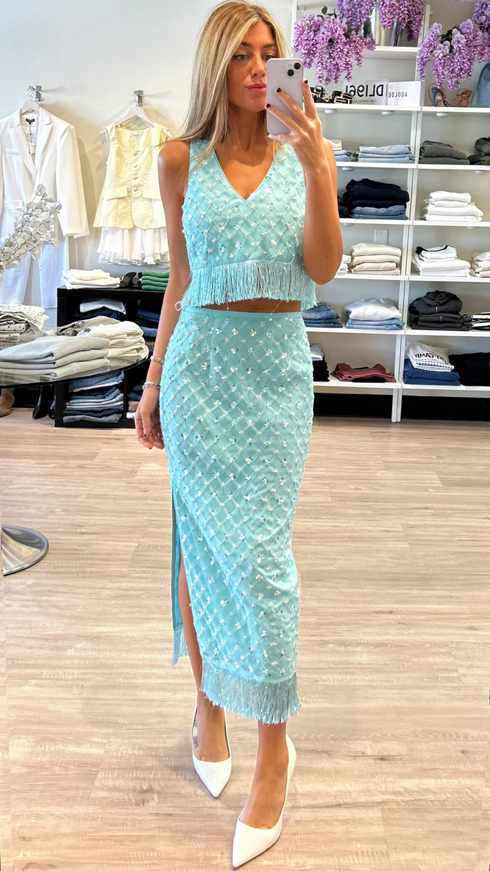 Saylor Randall Beaded Two Piece Set in Seafoam