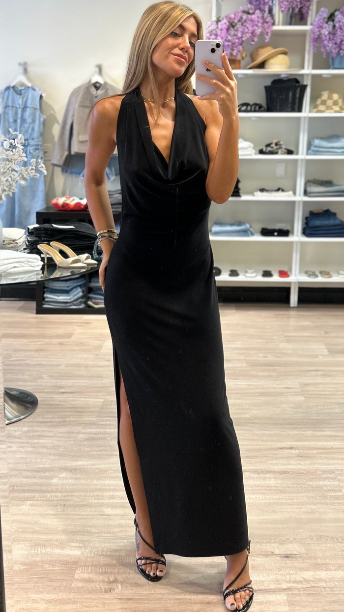 Norma Kamali Neeta Halter Side Slit Gown in Black