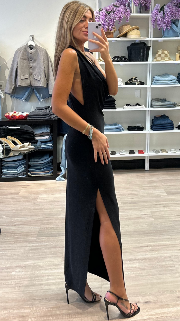Norma Kamali Neeta Halter Side Slit Gown in Black