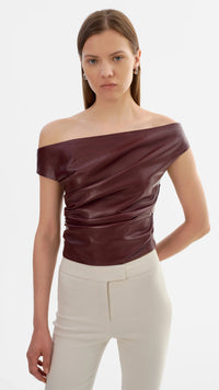 Lamarque Ines Faux Leather Off the Shoulder Top in Burgundy