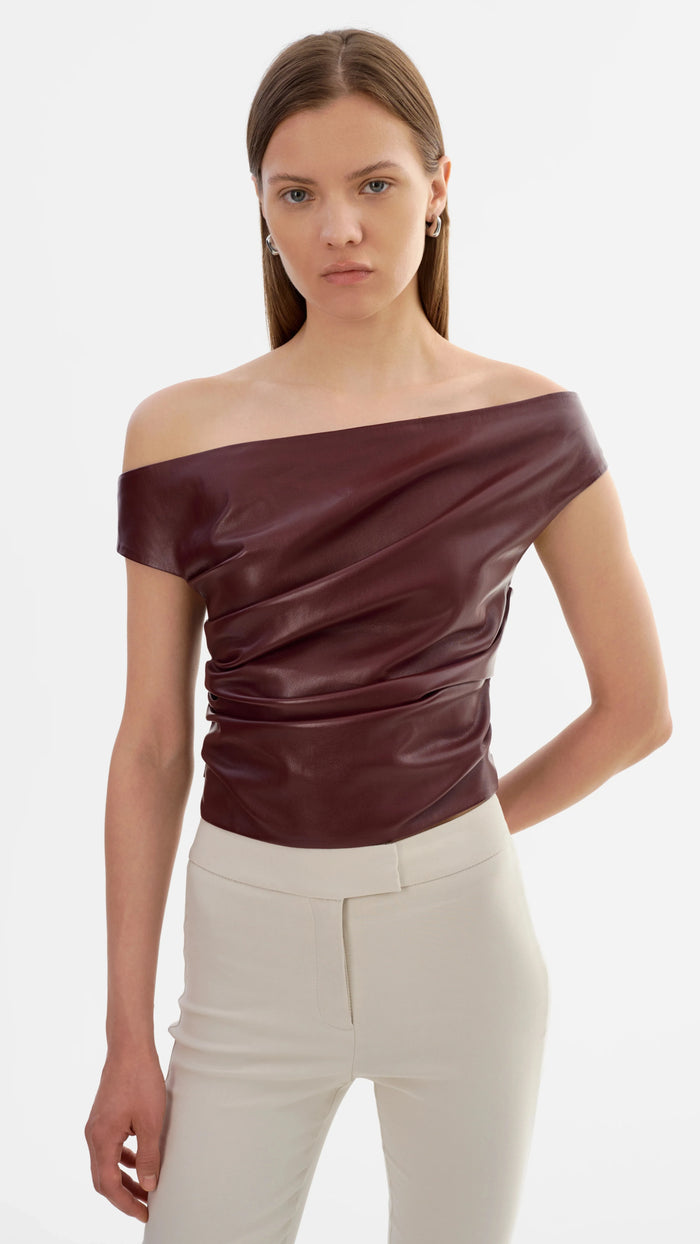 Lamarque Ines Faux Leather Off the Shoulder Top in Burgundy
