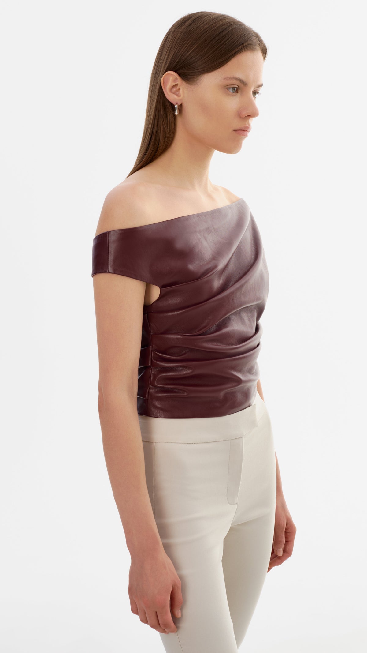 Lamarque Ines Faux Leather Off the Shoulder Top in Burgundy