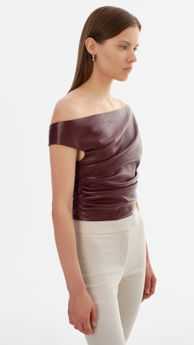 Lamarque Ines Faux Leather Off the Shoulder Top in Burgundy