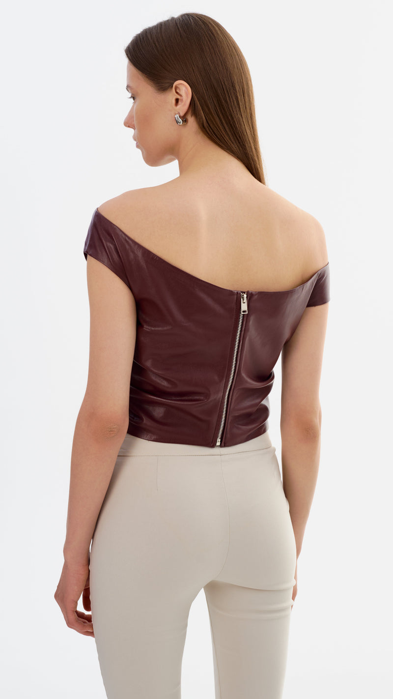 Lamarque Ines Faux Leather Off the Shoulder Top in Burgundy