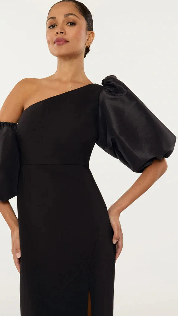 Likely Natasha One Shoulder Puff Sleeve Gown in Black