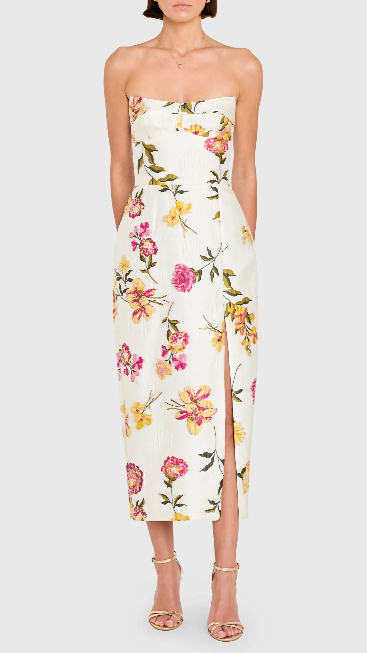 Amanda Uprichard Ivy Strapless Midi Dress in White Multi