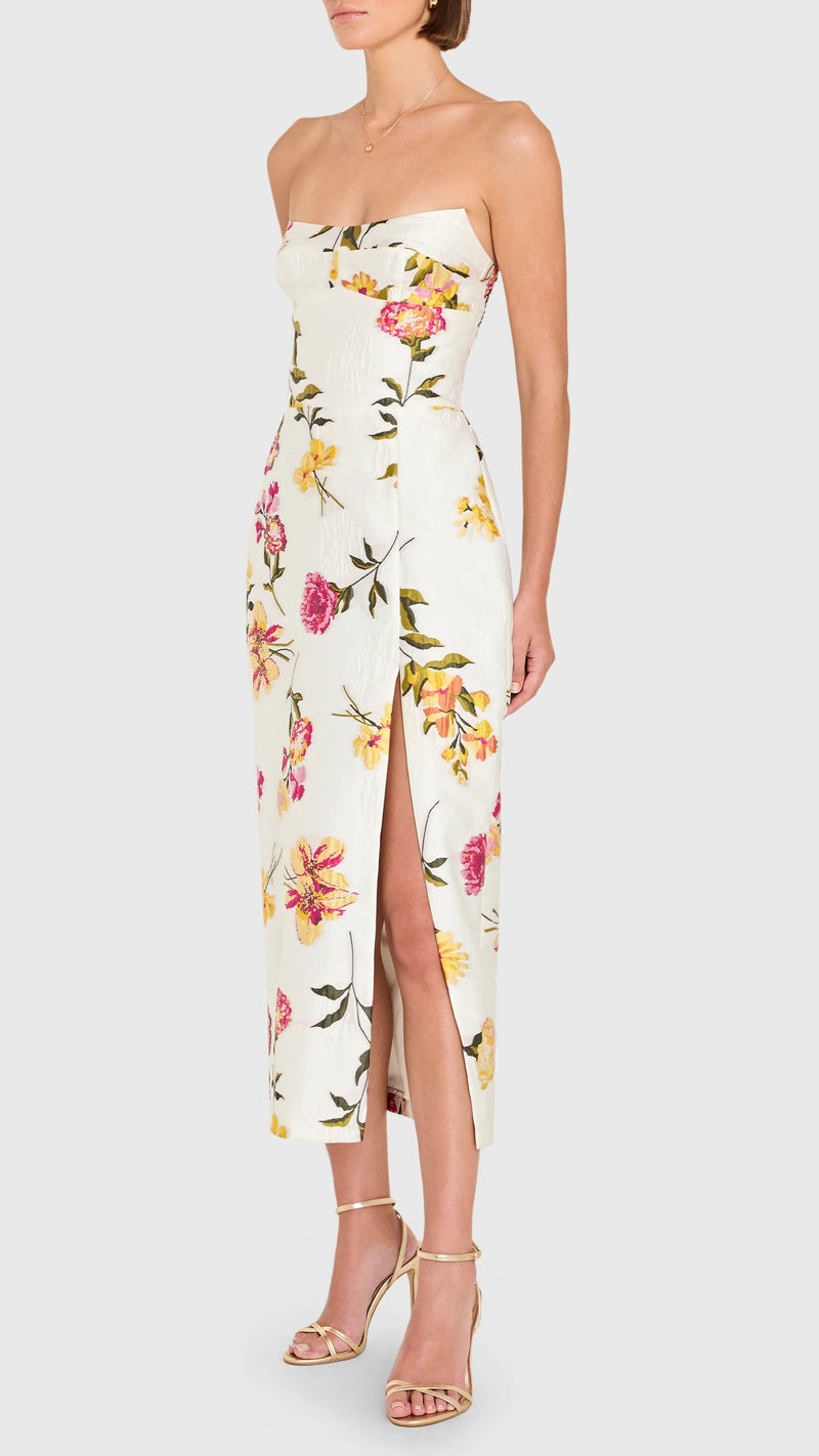 Amanda Uprichard Ivy Strapless Midi Dress in White Multi