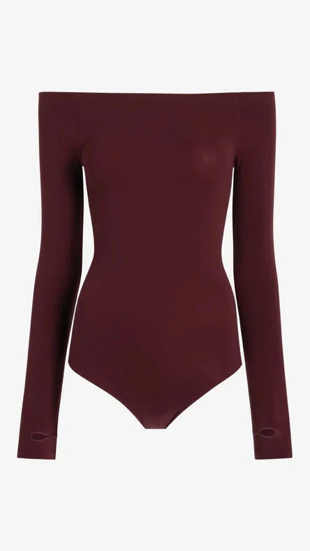 Commando Ballet Off the Shoulder Bodysuit with Thumbholes in Raisin