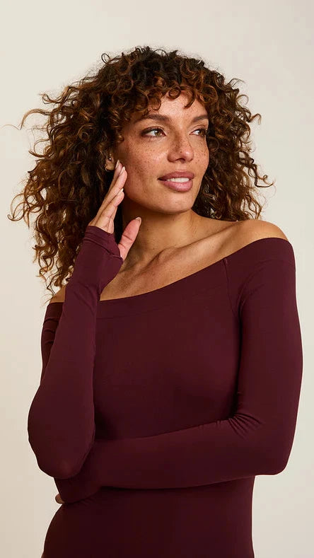Commando Ballet Off the Shoulder Bodysuit with Thumbholes in Raisin