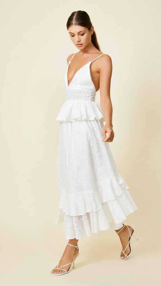 Line and Dot Lotus Eyelet Maxi in White