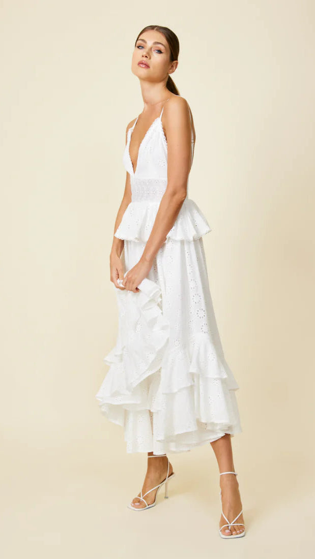 Line and Dot Lotus Eyelet Maxi in White