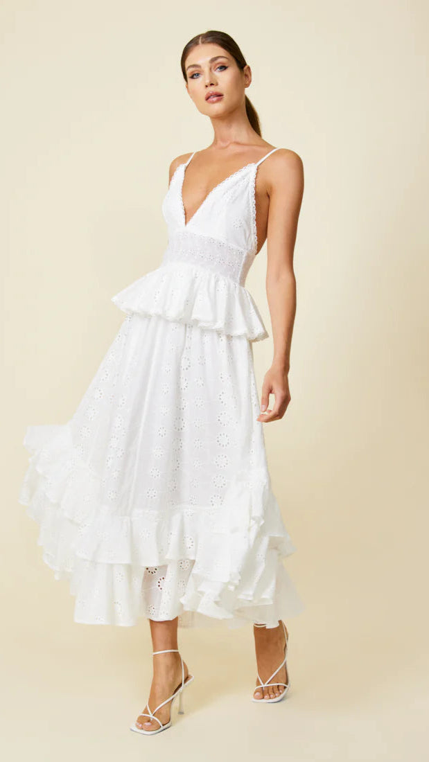 Line and Dot Lotus Eyelet Maxi in White