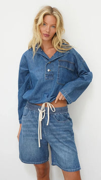 LNA Presley Longline Denim Short in Blue