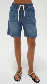 LNA Presley Longline Denim Short in Blue