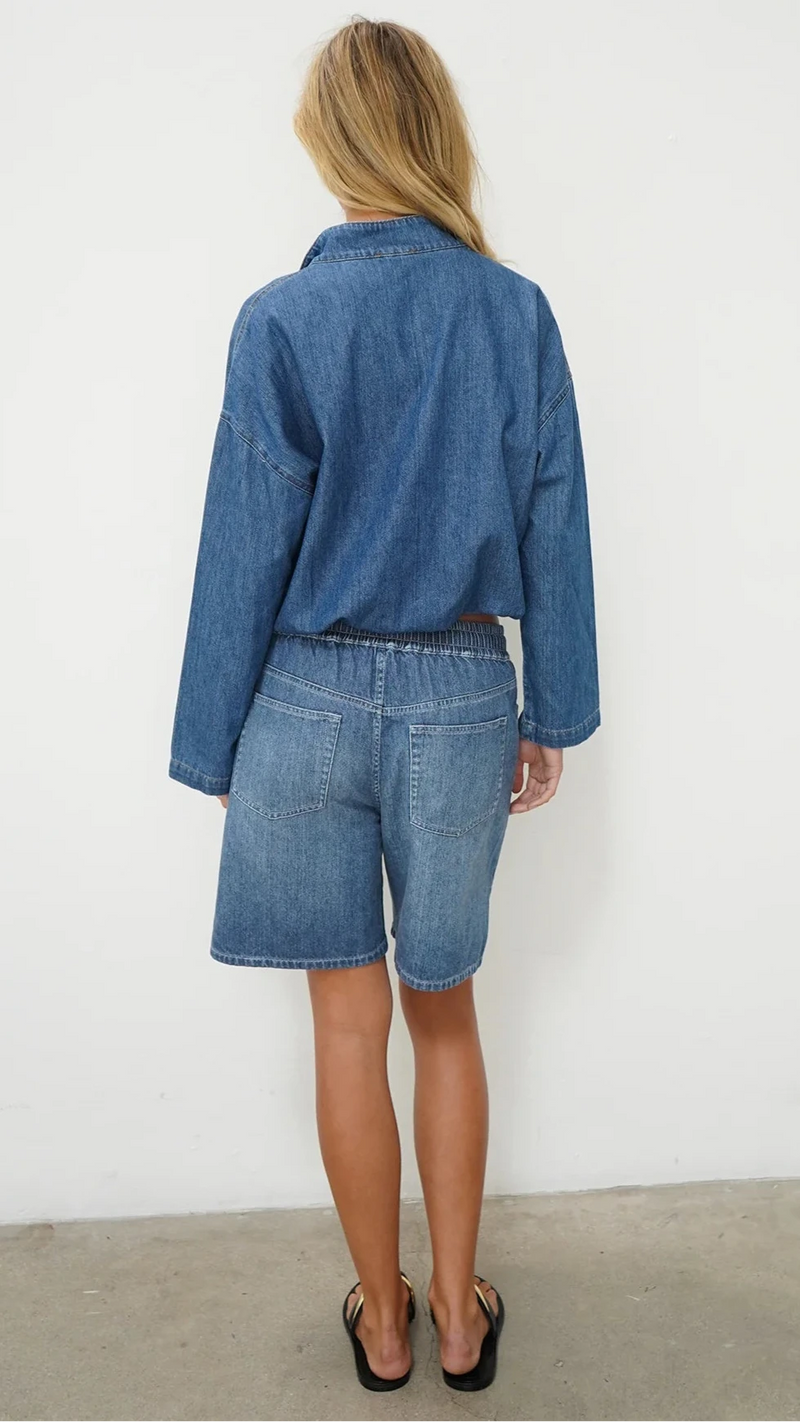 LNA Presley Longline Denim Short in Blue