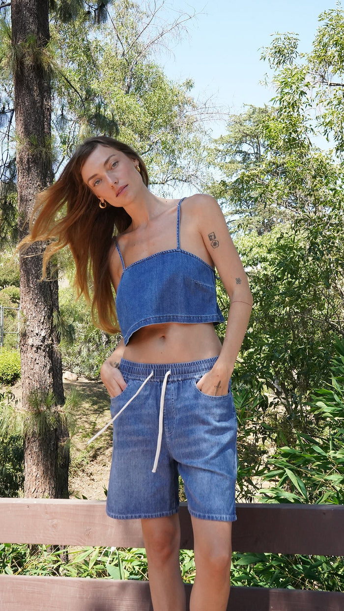 LNA Presley Longline Denim Short in Blue