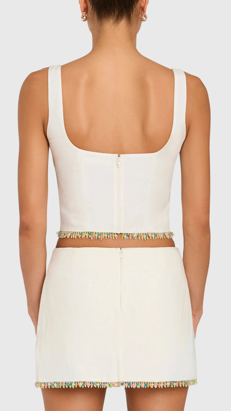 Amanda Uprichard Jace Fringe Beaded Top in Ivory