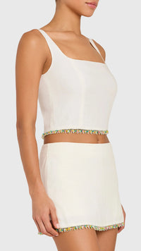 Amanda Uprichard Jace Fringe Beaded Top in Ivory