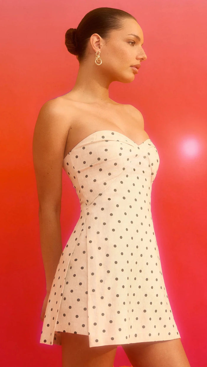 Amanda Uprichard Soho Strapless Linen Skort Romper Polka Dot/Beige
