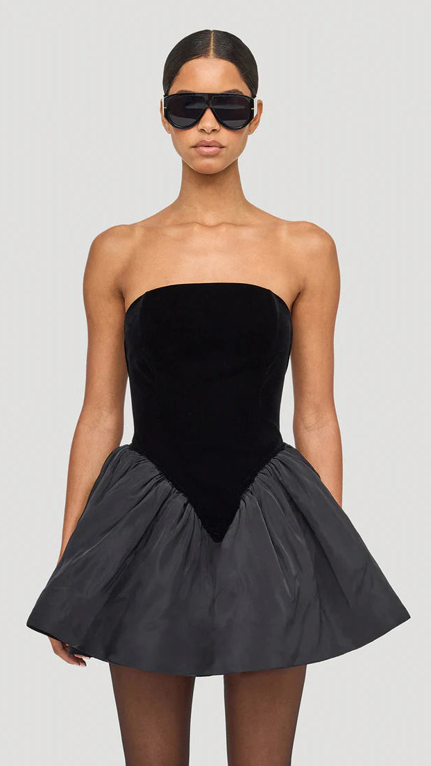Ronny Kobo Atlas Strapless Velvet Mini Dress in Black