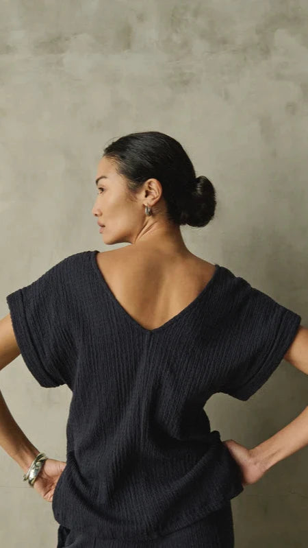 Nation LTD Lottie V-Neck Crinkle Top  in Navy Night Sky